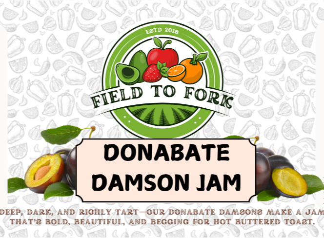 Label of Donabate Damson Jam from Field & Fork with branding and product details.