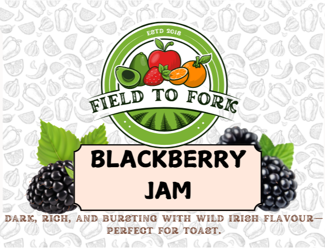 Label of Field & Fork Blackberry Jam with ingredients and branding information.