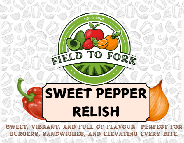 Label for Sweet Pepper Relish with branding and ingredient list on a white background